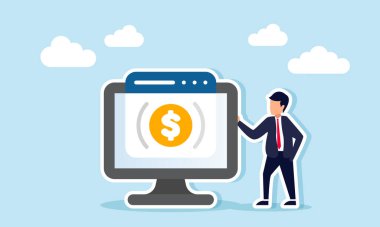 Bir iş adamı bir dolar para ile bir uygulama arayüzü gösteren monitörün yanında duruyor. Çevrimiçi ödeme sisteminin dijital olarak birleştirilmiş hali.