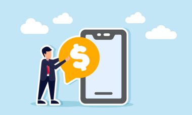 Bir iş adamı, elinde bir dolar işareti olan bir sohbet diyaloğu olan akıllı telefonun yanında duruyor. Ticari dijitalleşmenin faydalarını anlatıyor.