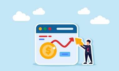 Bir işadamı bir imleç tutuyor ve dijital veri tabanlı mali raporun bir dolar para ve çizgi çizelgesini gösteren bir uygulama arayüzünün yanında duruyor.