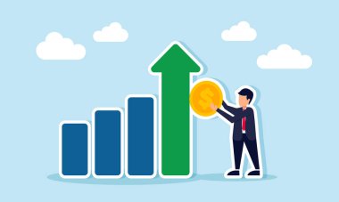 Yükselen bir grafiğin yanında duran bir işadamı, elinde bir dolar para, ticari kazanç ve gelir artışının bir örneğini tutuyor.