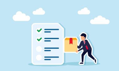 Bir işadamı bir paket kutusunu işaretli ve kontrol edilmemiş ögelerin listesiyle birlikte bir belge kağıdına doğru taşıyor, paket dağıtım sürecinin illüstrasyonu