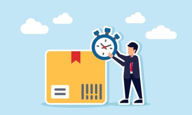 Bir işadamı, bir paket kutusunun yanında beklerken kronometre tutuyor. Teslimat tarihinin lojistik nakliyat tarihinin resmi.
