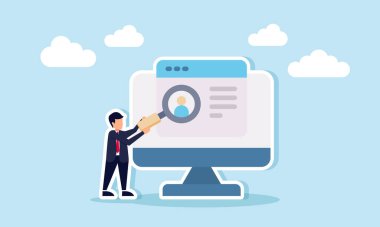 Bir iş adamı elinde bir büyüteç tutarak bir kişinin profilini bir masaüstü uygulamasında, çalışan adayların filtrelenmesi ve izlenmesinin illüstrasyonunda veya performansında gözlüyor.