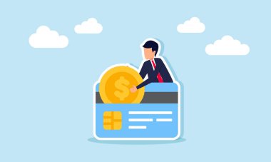 Bir işadamı kredi kartı veya kredi kartından bir dolar para çeker ve alır, kredi kartı ve banka kartı sahibi olmanın kazanç göstergesi