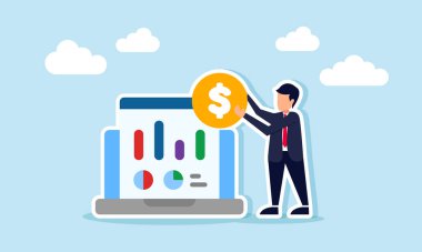 Bir iş adamı dizüstü bilgisayarının yanında bir dolar tutuyor. Grafik uygulaması, finansal performans analizi ve iş uygulamaları kullanılarak izlenmesi.