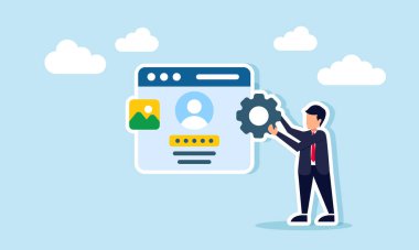 Bir iş adamı bir uygulama platformu arayüzünün yanında giriş sayfasını, hesap illüstrasyonunu ve bir işletme şirketindeki güvenlik bakımını gösteren bir vites bulundurur.