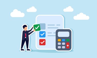 Bir işadamı, bir liste kağıdı ve hesap makinesinin yanında, iş ve mali risk hesaplamasını tamamlama illüstrasyonunun bir işaretini tutar.