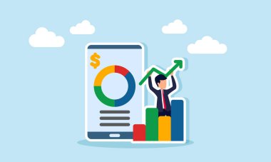 Bir işadamı, bir grafik ve bir uygulama arasında yükselen yeşil çizgi çizelgesini kaldırarak bir daire çizelgesi, iş uygulamaları aracılığıyla iş performansının iyileştirilmesinin bir örneğini sunar.