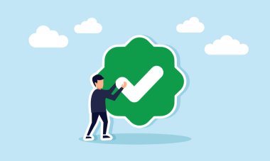 Bir işadamı bir rozet, iş illüstrasyonu veya ürün yasallığı doğrulaması üzerine kontrol işareti koymayı amaçlamaktadır