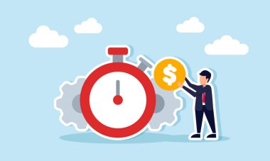 Bir işadamı kronometre ve teçhizatın yanında bir dolar tutar. Ticaretin finansal performansını artırmanın bir göstergesi.