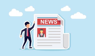 Bir gazetenin yanında duran iş adamı, haber sektöründe iş illüstrasyonları