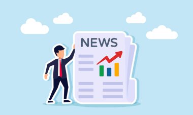 Yükselen bir tabloyu gösteren bir gazetenin yanında duran iş adamı, küresel ekonomik performans gibi makro faktörlerin izlenmesinin bir göstergesi