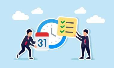 İki iş adamı, biri kontrol listesi, diğeri ise takvim tutuyor. Saatin önünde duruyorlar. Etkili ve verimli bir iş çizelgesi tasarlıyorlar.