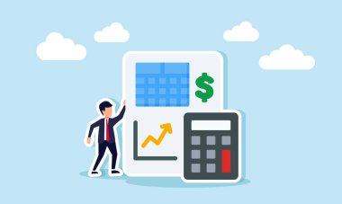 Hesap makinesinin yanında duran bir işadamı ve rapor kağıdı bir tablo ve dolar işareti, şirketin mali raporlama ihtiyaçları için derleme ve hesaplama illüstrasyonunu gösteriyor.