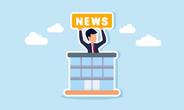 İş adamı elinde NEWS yazan bir panoyla bir binanın arkasında duruyor. Medya, bilgi ve iletişim üzerine odaklanan haber sektöründeki iş illüstrasyonları