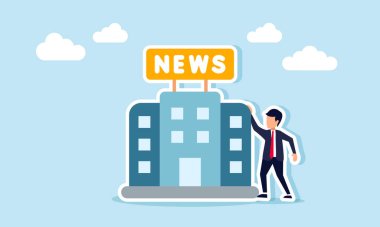 İş adamı, bir haber yayın binasının yanında duruyor. Medya, haberleşme ve bilgi aktarımına odaklanan haber sektöründeki iş illüstrasyonları