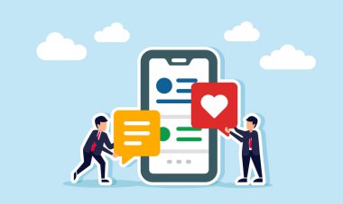 İki işadamı bir akıllı telefonun yanında, biri bir aşk ikonu, diğeri de bir not sembolü, bir platform ya da uygulama kullanırken verilen tepkilerin gösterimi