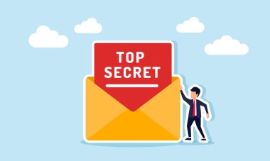 TOP SECRET etiketli bir zarfın yanında duran bir işadamı, şirket belgesinin gizlilik illüstrasyonunu gösteriyor