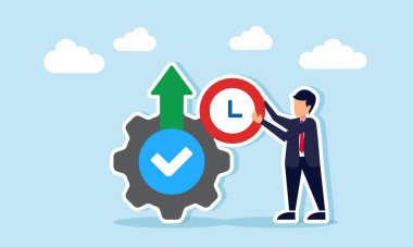 Bir işadamı, üzerinde kontrol işareti ve yukarı doğru ok olan bir dişlinin yanında iş akışı bakımı için zaman çizelgesini gösteren bir saat tutar.