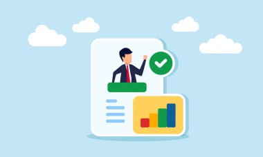 Bir işadamı, işaretli bir kağıt ve çizelgenin içinde, şirket niteliklerinin tasviri, standardizasyon ve doğrulanması.