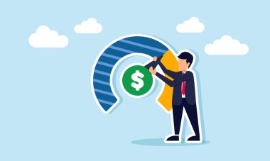 İşadamı, dolar işaretli bir göstergenin iğnesini hareket ettirmeye çalışıyor. İyi bir iş performansının göstergesi.