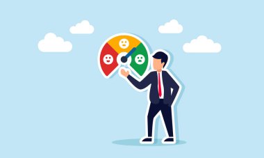 Mutsuzluktan mutluluğa simgeler gösteren bir memnuniyet göstergesi gösteren iş adamı, iş performans memnuniyeti değerlendirmesinin bir göstergesi