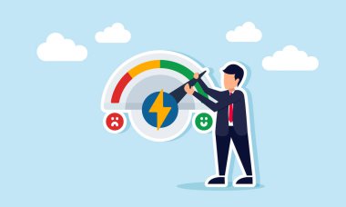 İş adamı memnuniyet göstergesi iğnesini mutlu ve üzgün taraflara doğru çekmeye çalışıyor. İş performansı memnuniyet göstergesi.