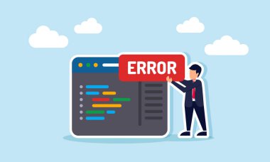 Bir uygulama arayüzü yanında bir hata etiketi taşıyan işadamı, çalışan veya çalışmayan bir şirketin çevrimiçi dijitalleştirme sisteminin çizimi