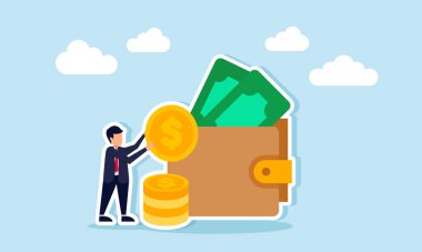 Para ve bozuk para dolu bir cüzdanın yanında bir dolar taşıyan işadamı, şirket yatırımının bir örneği.