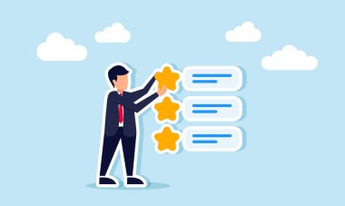 İş adamı bir yıldızı çeşitli yıldızların listesine koyuyor. Müşteri memnuniyeti seviyesini iş performansıyla gösteriyor.
