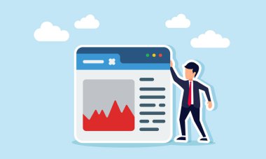 İşadamı, bir uygulama arayüzünün yanında duruyor. Bir grafik grafiği gösteriyor. Ticari ürün satın alma verilerinin izlenmesini gösteriyor.