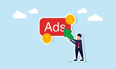 İşadamı, dolar paralarıyla çevrili ADS düğmesine tıklamak için bir imleç taşıyor, dijital ve çevrimiçi reklam paralarının gösterimi