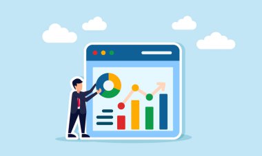 İş adamı, karmaşık bir grafik gösteren uygulama arayüzünün yanında bir çember çizelgesi taşıyor, iş raporunu dijital ve çevrimiçi olarak tamamlama çizelgesi