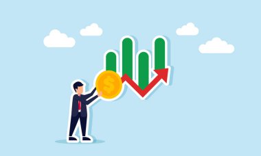İş adamı, dalgalı bir grafik, artan iş karının ve gelirin resimlerini gösteren bir dolar taşıyor.