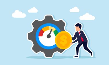 Hız göstergesi olan bir dişlinin yanında bir dolar tutan işadamı, daha iyi kâr ve operasyonel büyüme elde etmek için iş dünyasının finansal performansının bir örneği.