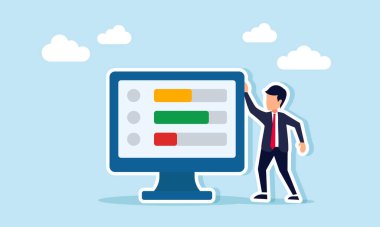 Birden fazla ilerleme çubuğu gösteren bir monitörün yanında duran işadamı, bir şirkette çeşitli sektörler veya bölümler arasındaki iş performansını izlemenin bir illüstrasyonu
