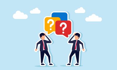 Sohbet diyaloğu simgesiyle konuşan iki işadamı bir soru işareti, mevcut pazar eğilimleri ve iş yönüyle ilgili kafa karışıklığının göstergesi