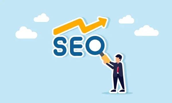 SEO anahtar kelimelerini tamamlamak için elinde büyüteç tutan iş adamı, artan bir ok, SEO araştırmaları yoluyla iş satışlarının veya performans artışının resimlerini gösteriyor