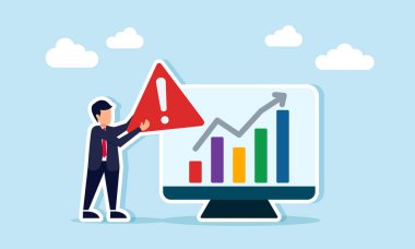 İş adamı, bir monitörün yanında bir ünlem ya da uyarı işareti tutuyor. Yükselen bir grafiği, iş performansının izlenmesindeki tetikte olma ilkesini gösteriyor.