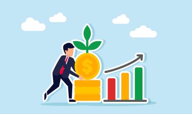 İşadamı, artan bir grafiğin yanına bitkilerle dolu bir bozuk para yığını yerleştirir. Artan kâr, gelir ve değerlendirmedeki iyi yatırım performansının bir örneğidir.