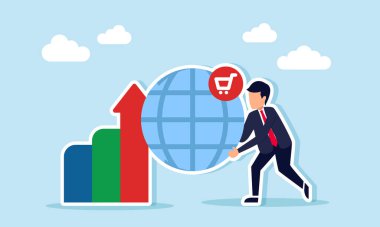 Yükselen grafiğin yanında bir grafikle işaretlenmiş bir küreyi elinde tutan iş adamı, küresel piyasada ve uluslararası veya sınırsız serbest ticarette uzmanlaşmanın bir göstergesi