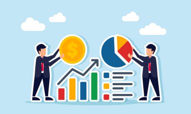 Bir dolar tutan işadamı ve bir diğeri artan grafik ve listenin yanında bir diyagram tutuyor, takım çalışması ya da iş mali raporlarının hazırlanmasında işbirliği