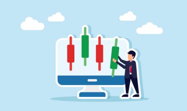Monitörde sergilenen şamdanları tamamlamak için elinde şamdanla gezen bir işadamı, borsayı etkileyen büyük oyuncuların resmi.