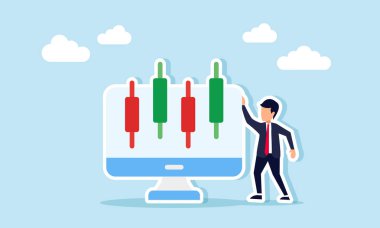 Borsa hareketlerini gözlemleyen ve analiz eden bir iş adamı, elinde şamdanlarla bir monitörün yanında duruyor.