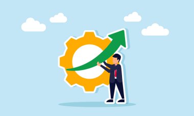 Bir dişlinin önünde yukarı doğru yeşil bir ok tutan iş adamı, bakım sonrası sistemin performans artışının bir göstergesi