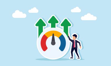 Bir gösterge veya hız göstergesinin yanında duran işadamı, yukarı bakan üç ok, standartlar ve göstergelere dayalı iş performans artışının bir göstergesi