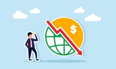 Küresel deflasyonun bir dolar işaretli, aşağı doğru kırmızı bir grafikle ayrılmış bir dünya ikonunu izleyen iş adamı