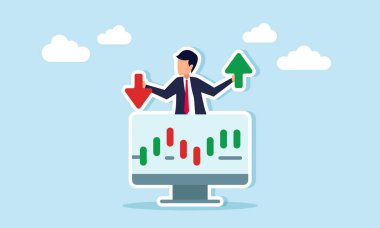 Candlestick hisse senedi grafiğini gösteren bir monitörün arkasındaki iş adamı, yukarı ve aşağı ok tutarken, bir iş şirketindeki hisse değerleme dalgalanmasının bir göstergesi