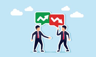 Birbiriyle tartışan iki işadamı ve yukarı ve aşağı ok gösteren sohbet baloncukları, ekonomik enflasyon ve deflasyon hakkında tartışma ve paylaşım örnekleri