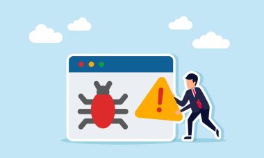 Uygulama programlarını hedef alan virüs saldırılarına karşı tetikte olduğunu gösteren bir uygulama arayüzünün yanında uyarı ya da ünlem işareti taşıyan işadamı